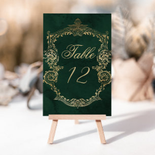 Numéro de table de mariage victorien or vert émera