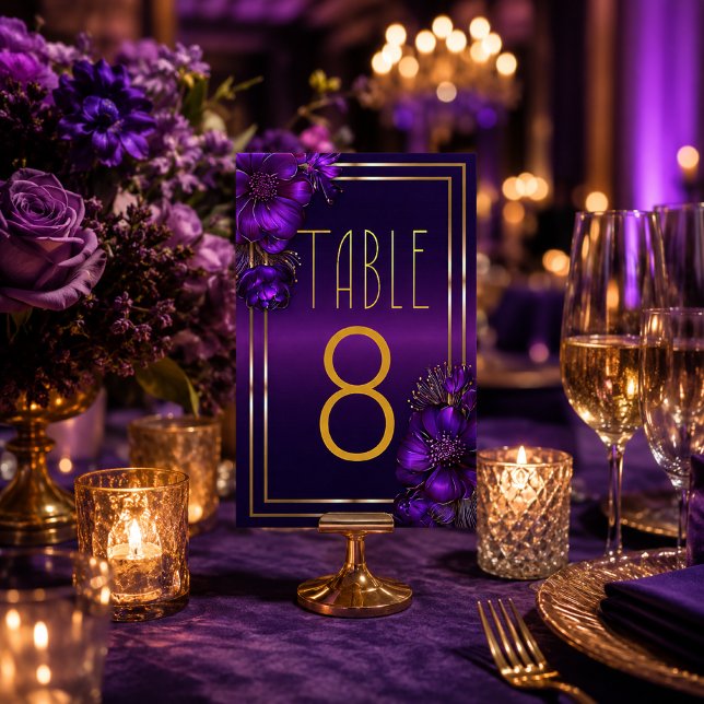 Numéro de table de mariage violet lumineux chic  (Chic Sleek Luminous Violets Wedding Table Number Cards)