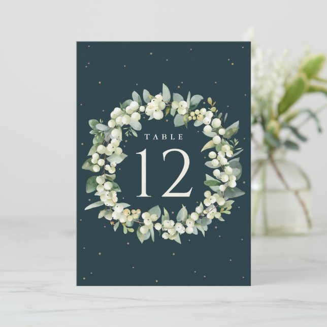 Numéro de table de Noël en neige verte + eucalyptu (Debout devant)