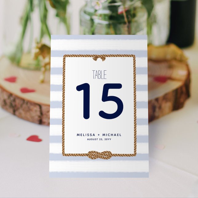 Numéro de table de noeud bleu pastel (3,5x5,0) (Nautical Stripes and Infinity Knot Blue and White Table Numbers for Your Wedding, Shower, or Event!)