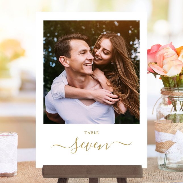 Numéro de table de photos de script Gold (Gold Elegant Script Photo Table Number)