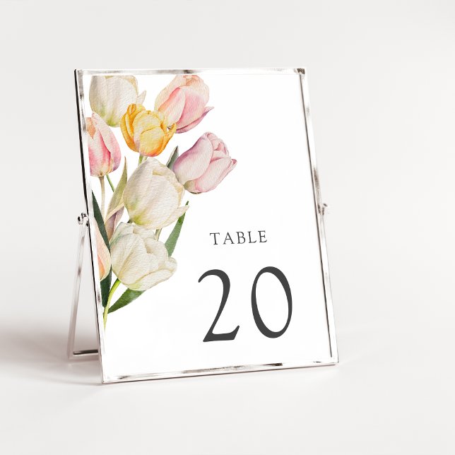 Numéro de table de printemps moderne (Modern Spring Watercolor Tulips Table Number by Painted Paperie
)