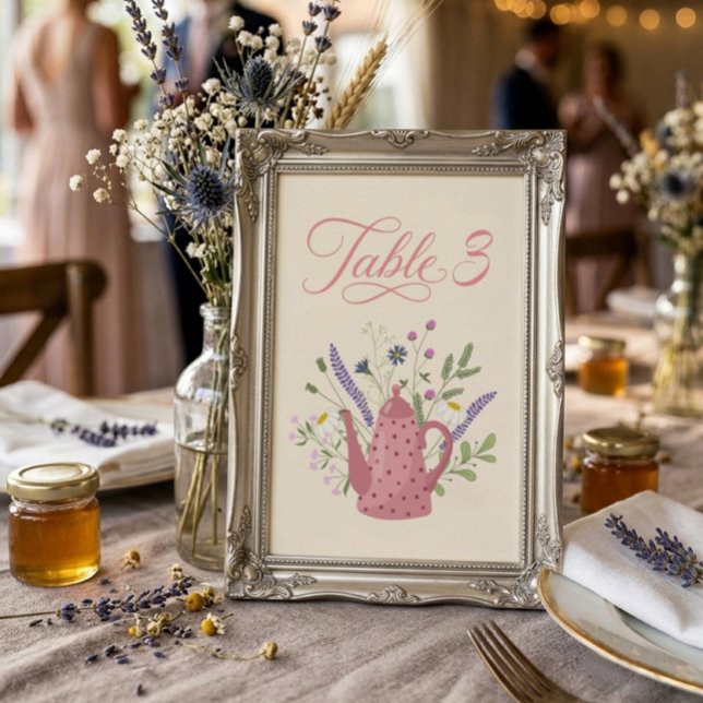 Numéro de table de thé de mariage à théière rose c (Créateur téléchargé)