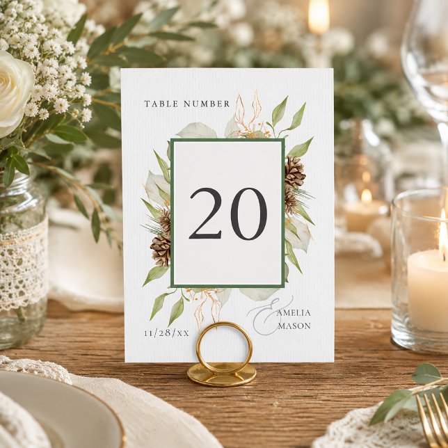 Numéro de table de verdure d'eucalyptus de pomme d (Woodland Pinecone Eucalyptus Greenery Table Number)