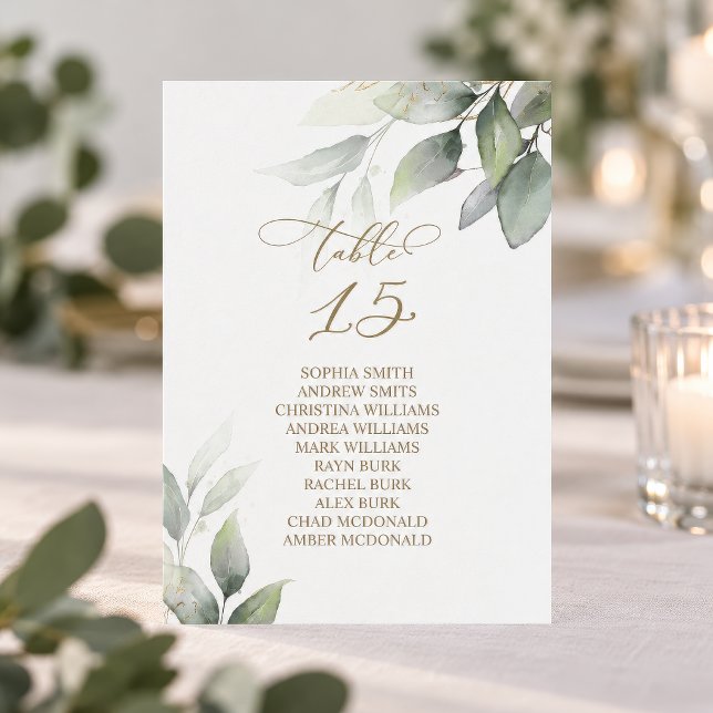 Numéro de table de verdure d'eucalyptus Plan de ta (Eucalyptus Greenery Wedding Table Number Card, Table 15 with guest names, gold script)