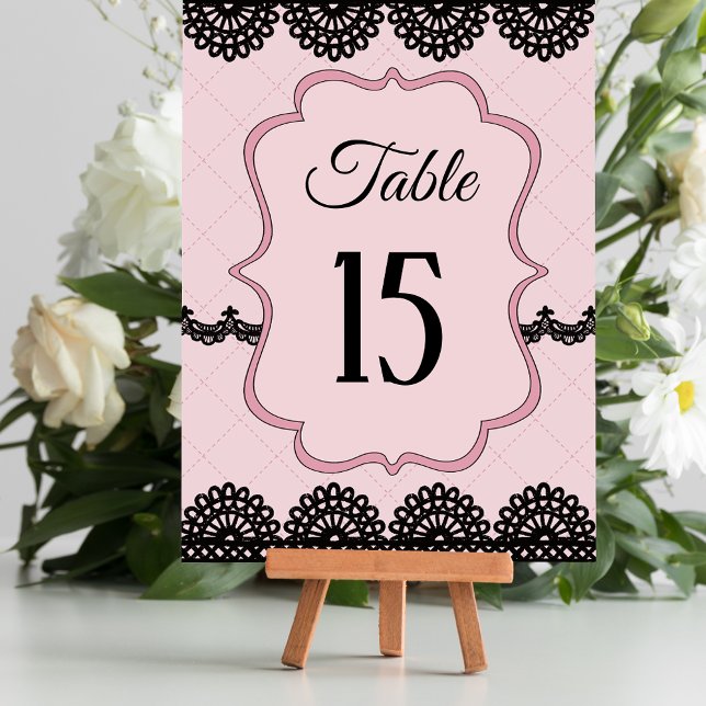 Numéro De Table Dentelle noire sur Soft Pink Mariage personnalisé (Créateur téléchargé)