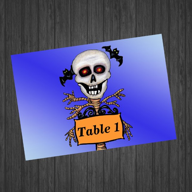 Numéro De Table Déplaisant Arbre du crâne Attention aux chats des  (Laughing creepy skull tree branch arms bats Orange sign on vibrant blue even table number cards.)