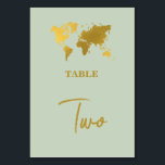 Numéro De Table Destination Mariage Monde Passport Sage Vert Or<br><div class="desc">Un modèle de passeport de mariage vert et or sage avec carte du monde or, avion et éléments de voyage. Ce design est idéal pour tous les mariages de destination printemps, été, automne et hiver. Un élégant design de voyage mariage de sauge vert et d'or avec la disposition des passeports,...</div>