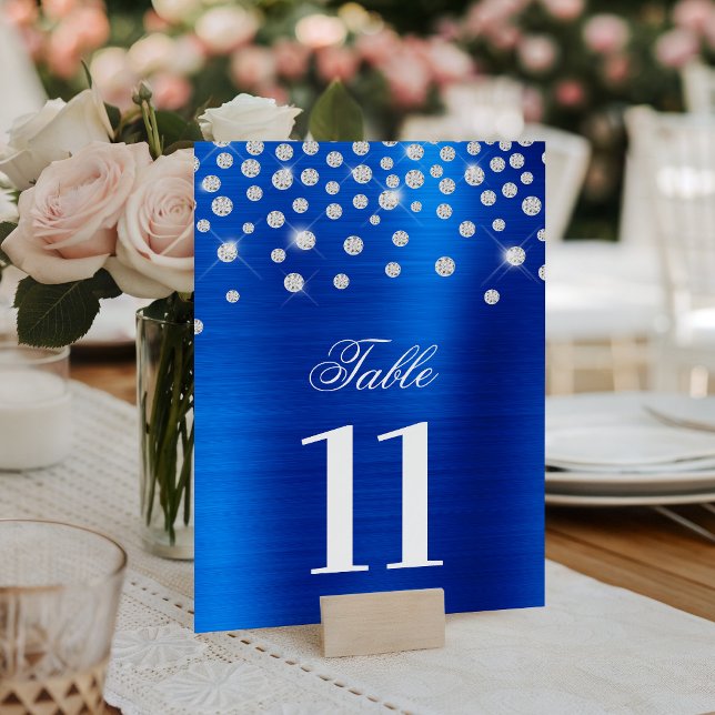 Numéro De Table Diamants Faux Argent Pailletés Satin Royal Bleu (Sparkly Faux Silver Diamonds Royal Blue Satin Foil Table Number)