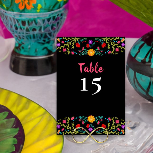 Numéro De Table Dîner Floral Floral Mexicain (Quinceanera table number with colorful mexican fiesta flowers on black - printed both sides)