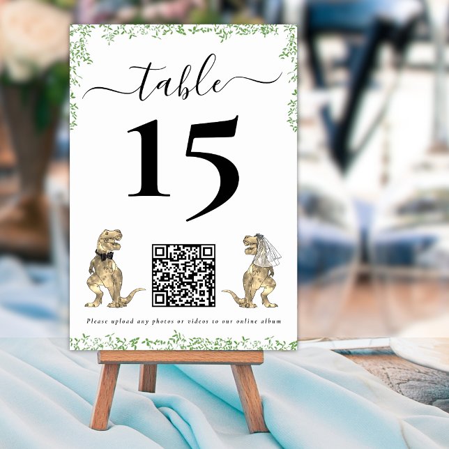 Numéro De Table Dinosaur Wedding QR Code Table Number (Dinosaur wedding qr code table number card T-Rex bride & groom dino watercolor eucalyptus foliage)