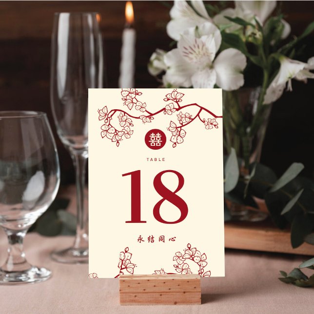 Numéro De Table Double Bonheur 囍 Fleurs de Pêcher/Prunier Rouges M (Créateur téléchargé)