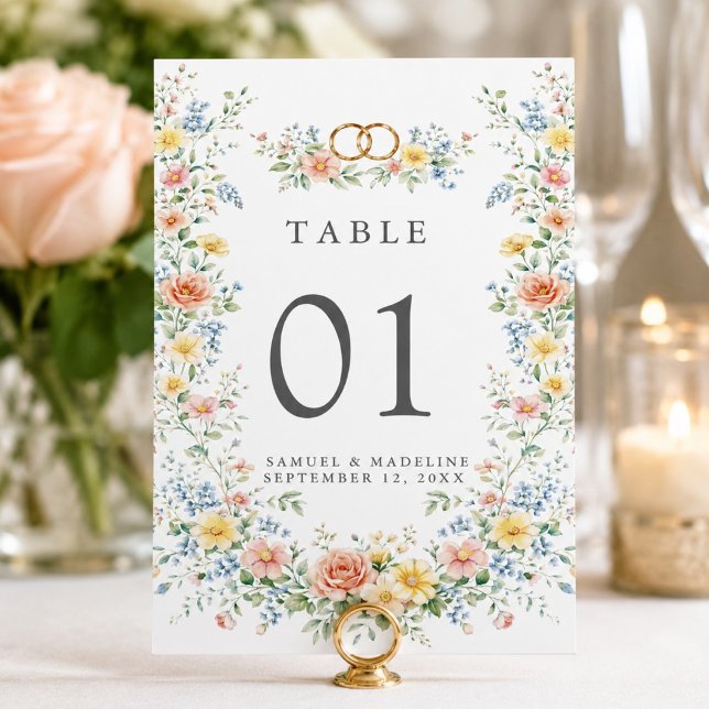 Numéro De Table Douce Mariage Fleur de Champ au Lavis Rose Pâle (Soft Pastel Blush Watercolor Wildflower Wedding Table Number)
