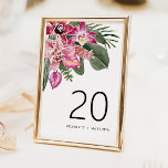 Numéro de table du Mariage tropical<br><div class="desc">Célébrez votre amour et évasion au paradis avec ce Mariage Tropical Numéro de table. Parfait pour les mariages de plage et de destination côtière, ce numéro de table est rempli de touches élégantes et modernes, de fleurs romantiques et de couleurs vives. L'étonnante aquarelle comprend des feuilles de palmiers verts et...</div>