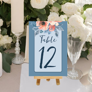 Numéro De Table Dusty Blue & Coral Rose Aquarelle Mariage Floral