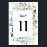 Numéro De Table Dusty Blue et or Elegant Rustic Floral Mariage<br><div class="desc">Le design se compose d'un cadre géométrique imprimé en or élégant sur le devant avec des eucalyptus et des feuilles de verdure fleurie dans les tons vert,  bleu poussiéreux,  gris et plus.</div>