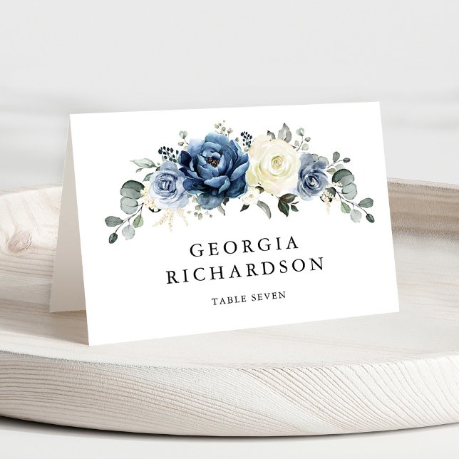 Numéro De Table Dusty Blue Navy Champagne Ivory Floral Place Card (Dusty Blue Navy Champagne Ivory Floral Guest Name Place Card)