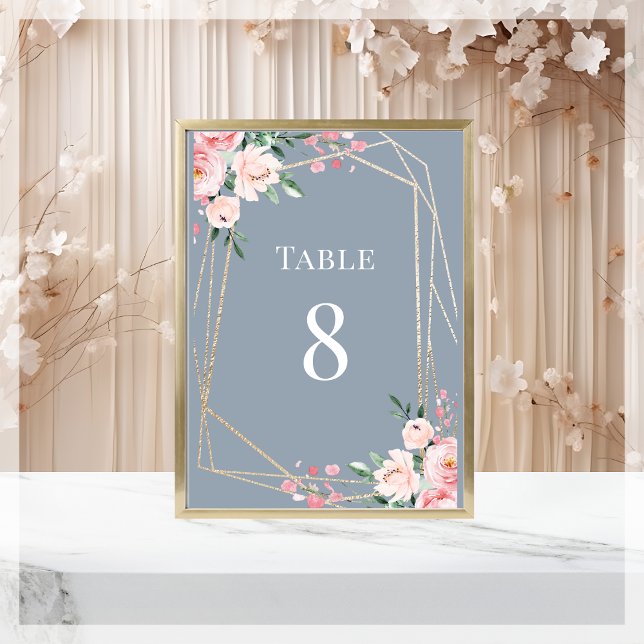 Numéro De Table Dusty Blue | Or | Mariage floral rose pâle (Créateur téléchargé)