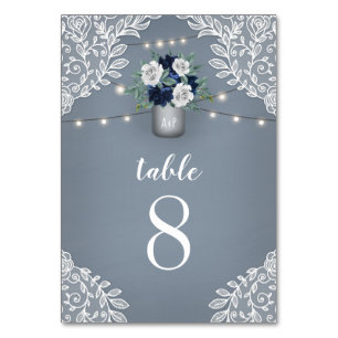 Numéro De Table Dusty Blue Pays Blanche dentelle Mason Jar Mariage