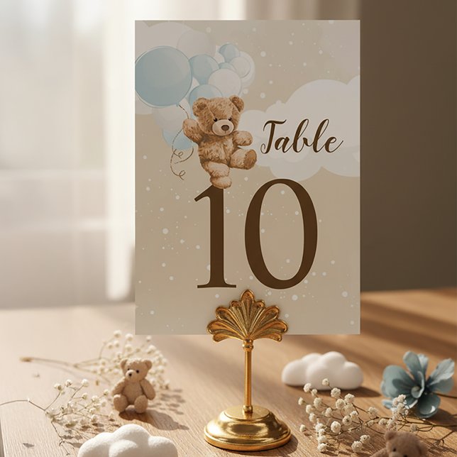 Numéro De Table Dusty Blue Teddy Bear Balloon Baby Shower (Teddy Bear Baby Shower Table Number Cards | Dusty Blue Teddy Bear Baby Shower | Boy Teddy Bear)