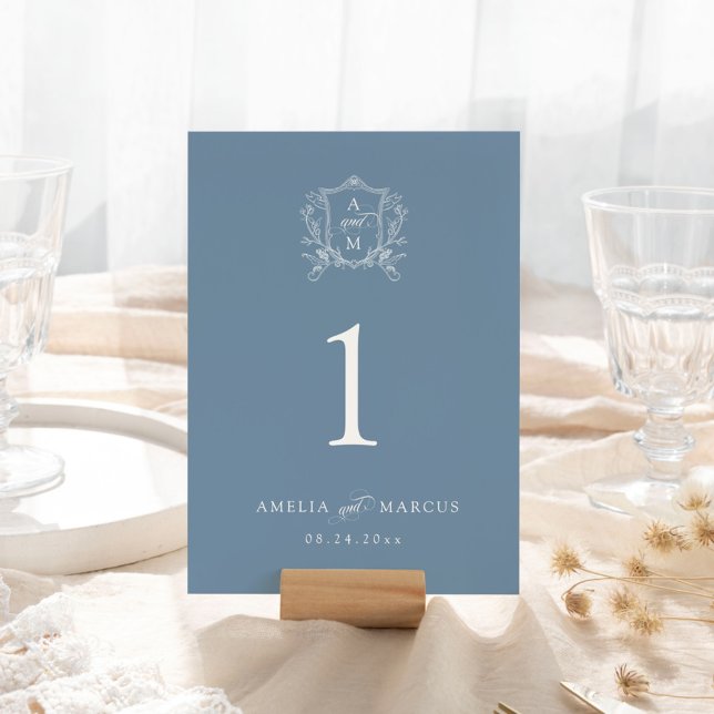 Numéro De Table Dusty Blue Vintage Crest Mariage (Créateur téléchargé)