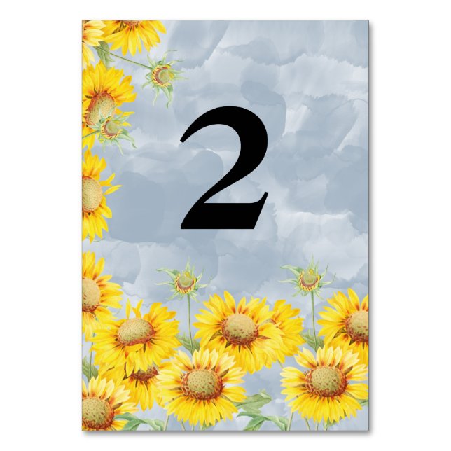 Numéro De Table Dusty Blue Watercolor Sunflowers Monogram Mariage (Par défaut)