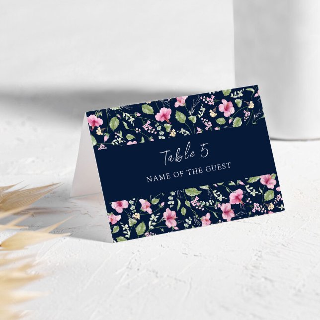 Numéro De Table Dusty Navy Blue Pink Hibiscus Wedding Place Card (Créateur téléchargé)