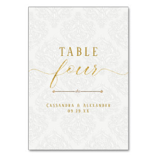 Numéro De Table Écriture Élégante Mariage Blanc Dentelle Or 4 Quat