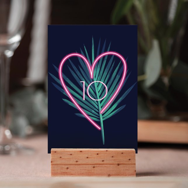 Numéro De Table Electric Love Neon Pink Heart & Tropical Palm Leaf (Créateur téléchargé)