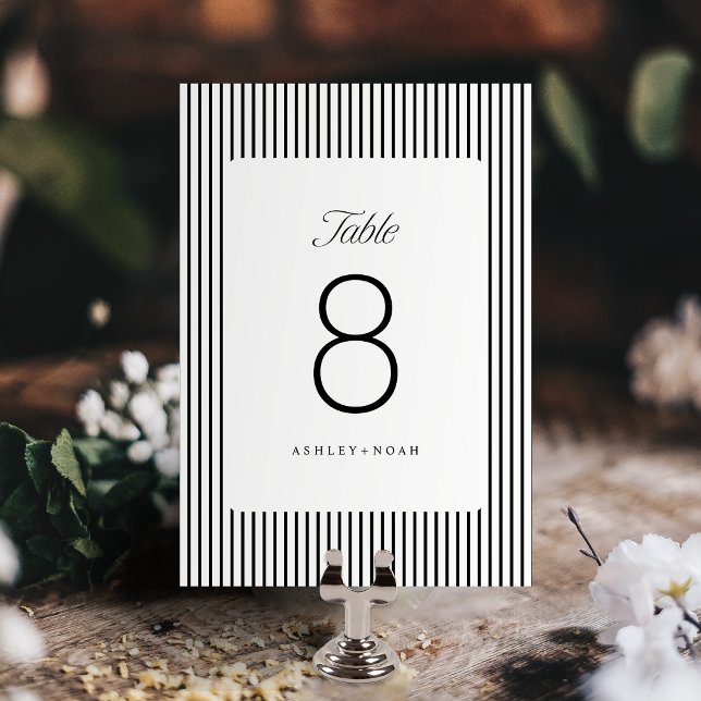 Numéro De Table Élégance rayée noir et blanc Mariage classe (Black & White Striped Elegance Classy Wedding Table Number)