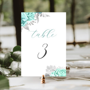 Numéro De Table Elégant Aqua Floral Mariage Argent
