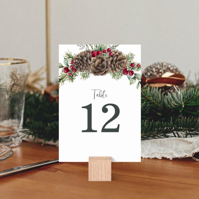 Numéro De Table Élégant Aquarelle Pine Cônes Mariage de Noël (Créateur téléchargé)
