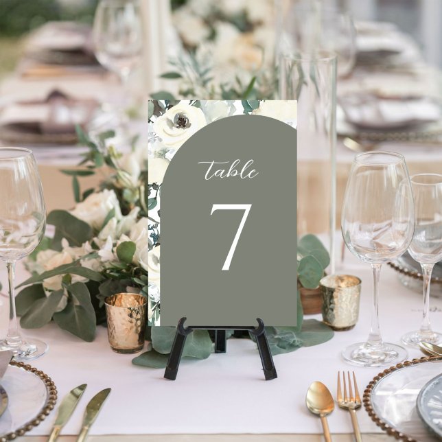 Numéro De Table Élégant Arche Florale Aquarelle Vert Olive Mariage (Créateur téléchargé)