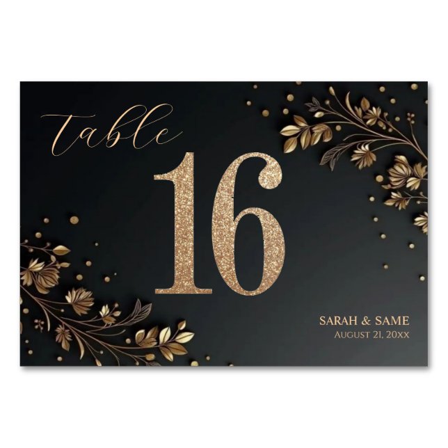 Numéro De Table Elegant Black Gold Floral Wedding Table Card (Devant)