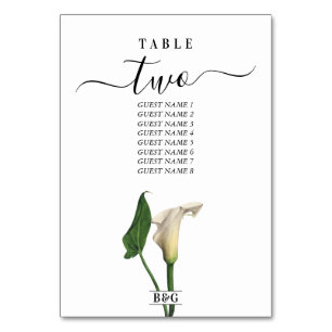 Numéro De Table Elégant blanc Calla Lily Vert Mariage botanique