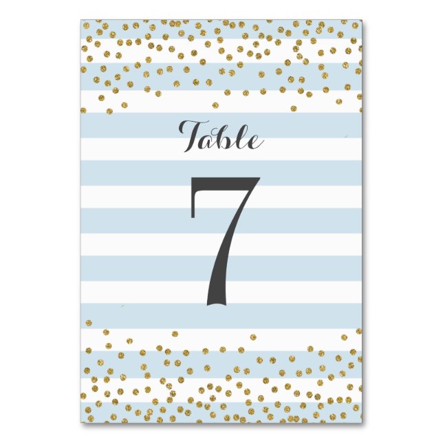 Numéro De Table Élégant Bleu Bébé Or Confettis Mariage Fête (Dos)