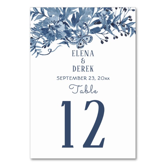 Numéro De Table Elégant bleu Dusty Aquarelle Floral Art Mariage (Par défaut)