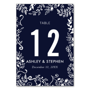 Numéro De Table Élégant bleu marine blanc floral chiffres