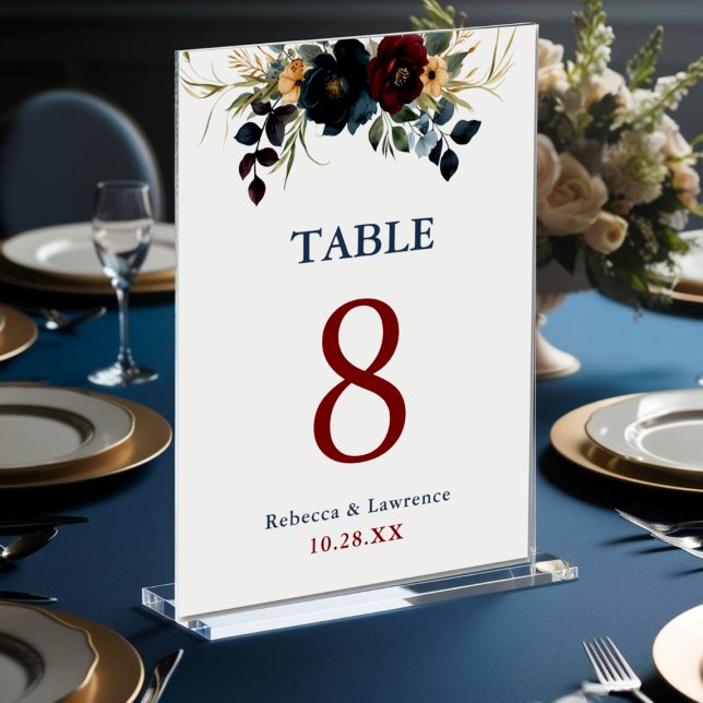 Numéro De Table Elégant bleu marine bordeaux mariage floral (Créateur téléchargé)