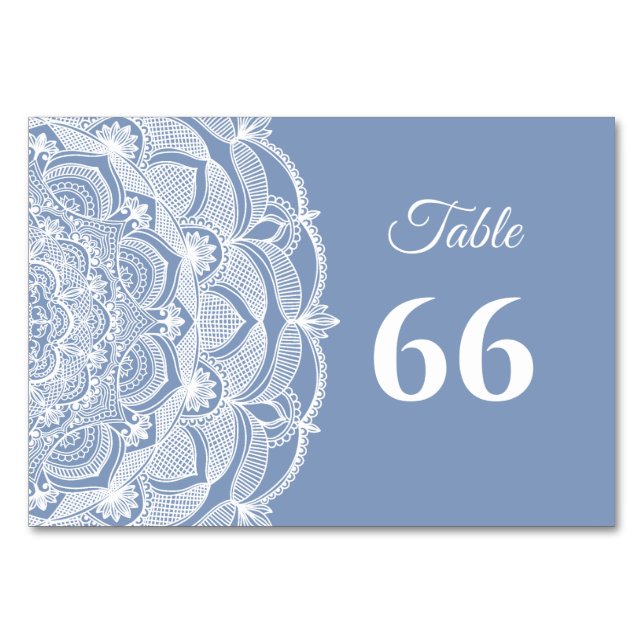 Numéro De Table Elégant bleu poussiéreux en dentelle blanche class (Dos)