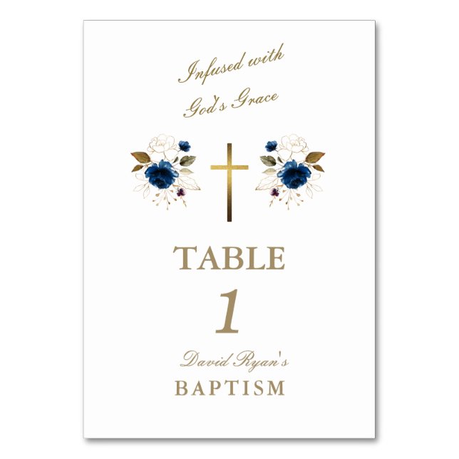 Numéro De Table Elégant Blue Flowers Gold Cross Boy Baptême (Par défaut)
