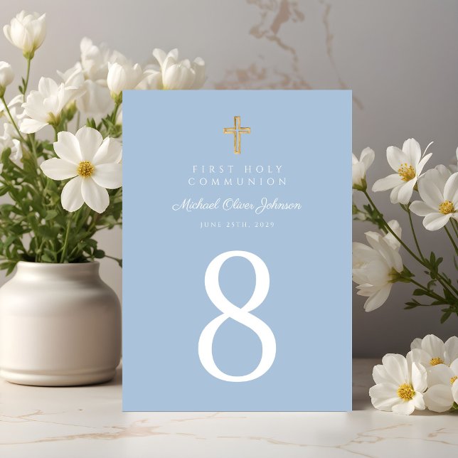 Numéro De Table Elegant Blue Religious Cross Boy First Communion (Elegant Blue Religious Cross Boy First Communion Table Number)