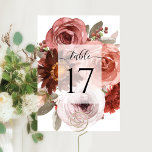 Numéro De Table Elegant Blush et Bourgogne Mariage ou autre événem<br><div class="desc">Elégante carte de numéro de table fleurie avec un bouquet d'aquarelle peint à la main. Utilisation de Calligraphie moderne élégante et gracieuse. Fleurs et feuillage dans un mélange de rose rousse, or rose, pêche, bordeaux, marsala et vert sauge. Une partie de nos collections de mariages et d'événements "Ciel en Rose"....</div>