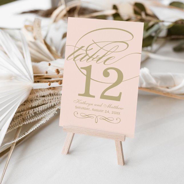 Numéro De Table Élégant Blush Gold Calligraphie Mariage Monogramme (Créateur téléchargé)