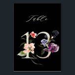 Numéro De Table Élégant Botanique Floral Numéro 13, Noir<br><div class="desc">COULEUR ARRIÈRE - PLAN CHANGEABLE | Cette carte de numéro de table comporte un numéro vert orné d'illustrations d'aquarelle de fleurs et de feuilles en pêche, rose, rouge, violet, bleu et vert. Ce numéro de table est parfait pour les mariages, diplômes, baby showers, douches nuptiales, anniversaires et autres événements. Tableau...</div>