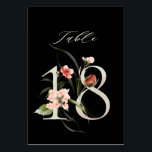 Numéro De Table Élégant Botanique Floral Numéro 18, Noir<br><div class="desc">COULEUR ARRIÈRE - PLAN CHANGEABLE | Cette carte de numéro de table comporte un numéro vert orné d'illustrations aquarelles de fleurs et de feuilles en rose roux, pêche, rouge et vert. Ce numéro de table est parfait pour les mariages, diplômes, baby showers, douches nuptiales, anniversaires et autres événements. Tableau 18....</div>