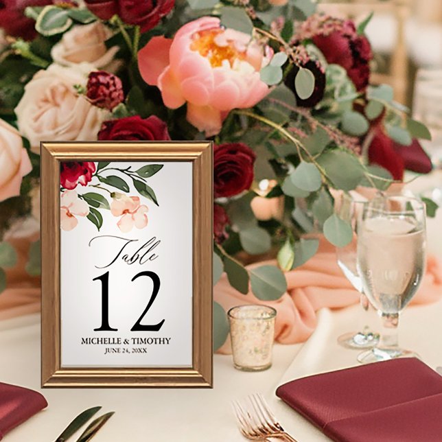 Numéro De Table Elégant Burgundy Blush Aquarelle Floral Mariage (Créateur téléchargé)