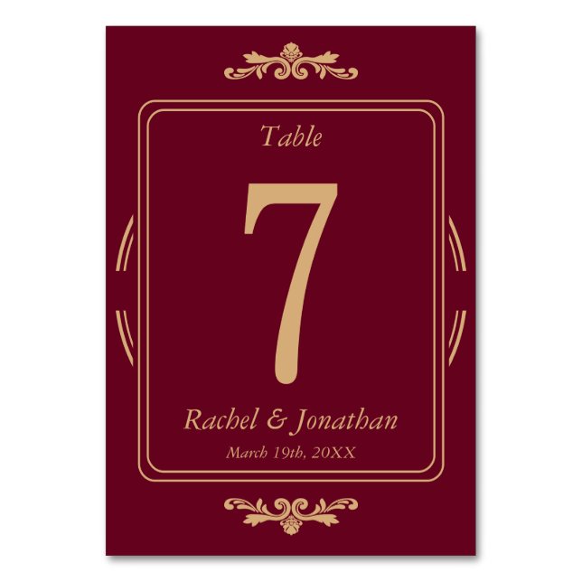 Numéro De Table Elegant Burgundy & Gold Wedding Table Number Card (Par défaut)
