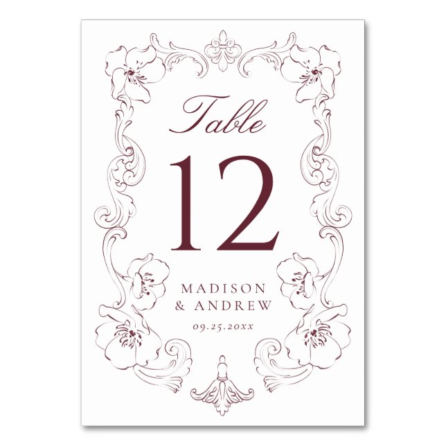Numéro De Table Elegant Burgundy Ornate Floral Frame Wedding (Par défaut)