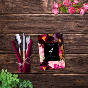 Numéro De Table Elégant cadre floral rose bordeaux noir